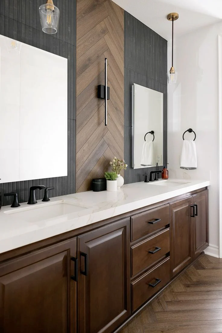 Bathroom Remodel Greenville NC long brown vanity